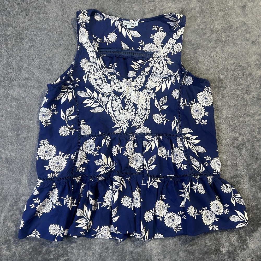 Nostalgia Sleeveless Women's Blue Tank Top Shirt Size L Embroidered Accents